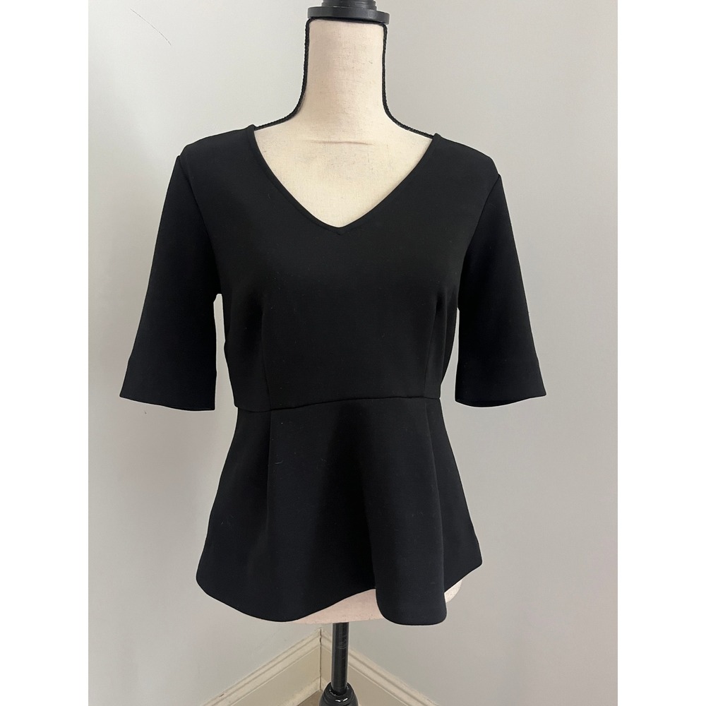 Ann Taylor Black V-Neck Peplum Top Small Elbow Sleeve Workwear Office Chic Work